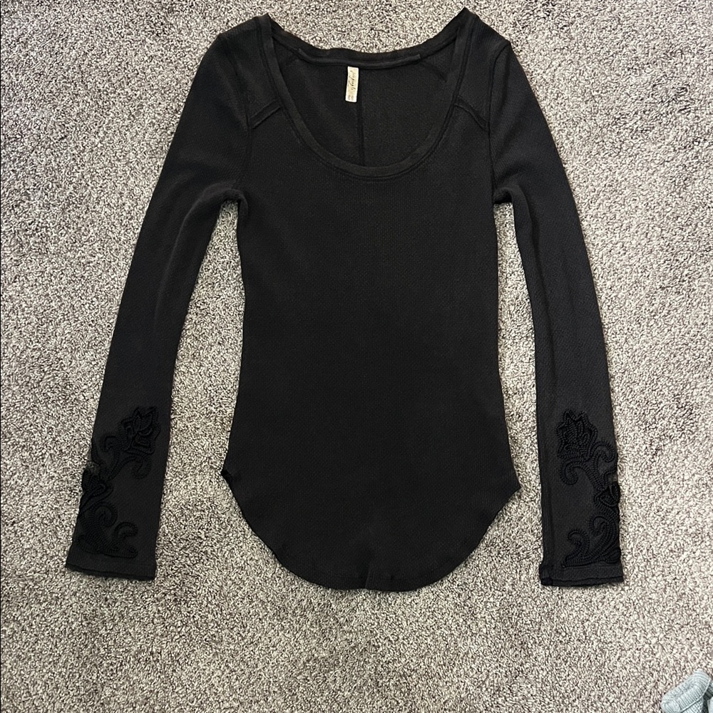 Free People Black Long Sleeve Tee with Embroidered Sleeve Detail